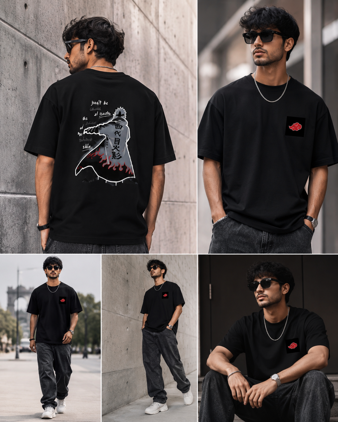 Man wearing a black t-shirt with a red logo in various poses against different backdrops.